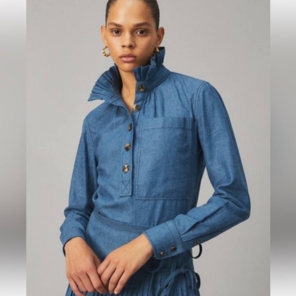 Tory Burch Blue Chambray Ruffle Neck Button Front Blouse Size 2
